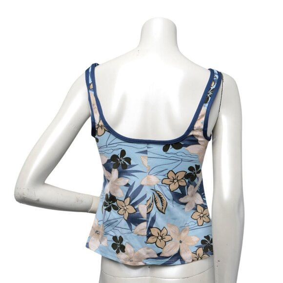 Floral Tankini Top Swimsuit Pool Beach Blue Beige White Scoop Neck Built in Bra - Picture 2 of 5